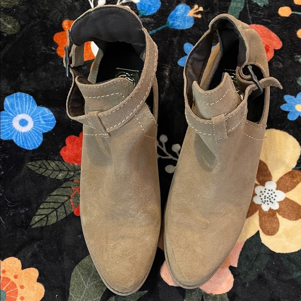 Suede Tan Cutout Ankle Booties with Buckle Strap - Picture 6 of 10